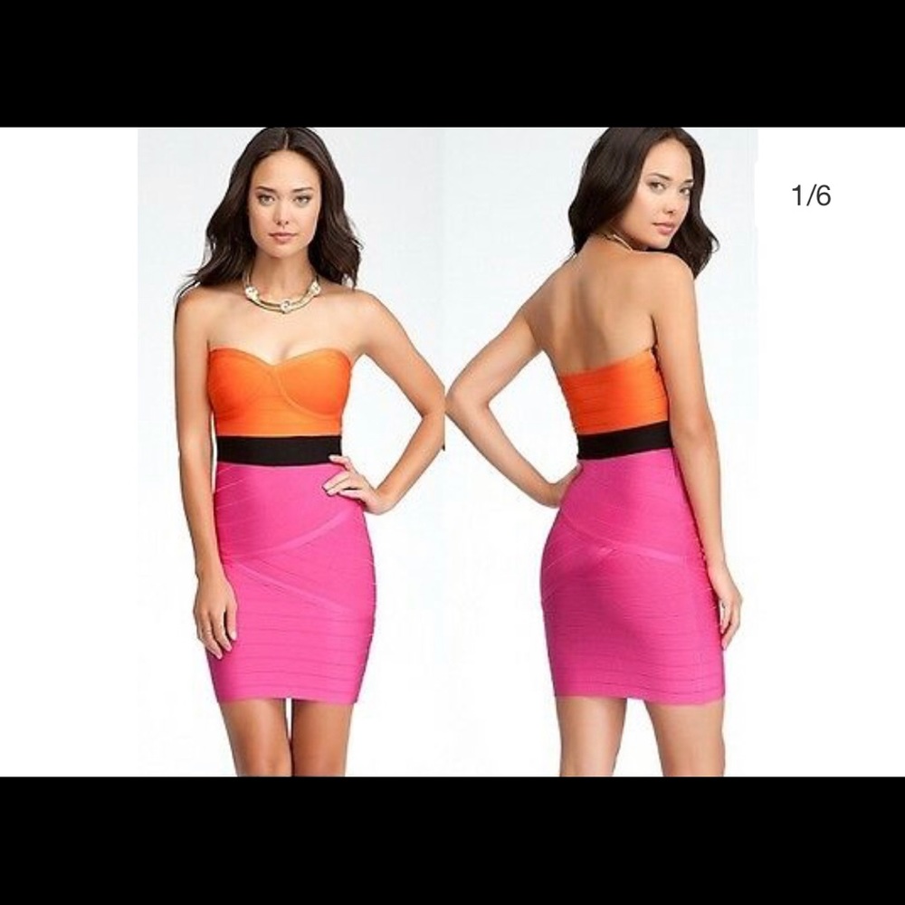 Bebe bandage orang pink colorblock strapless dress